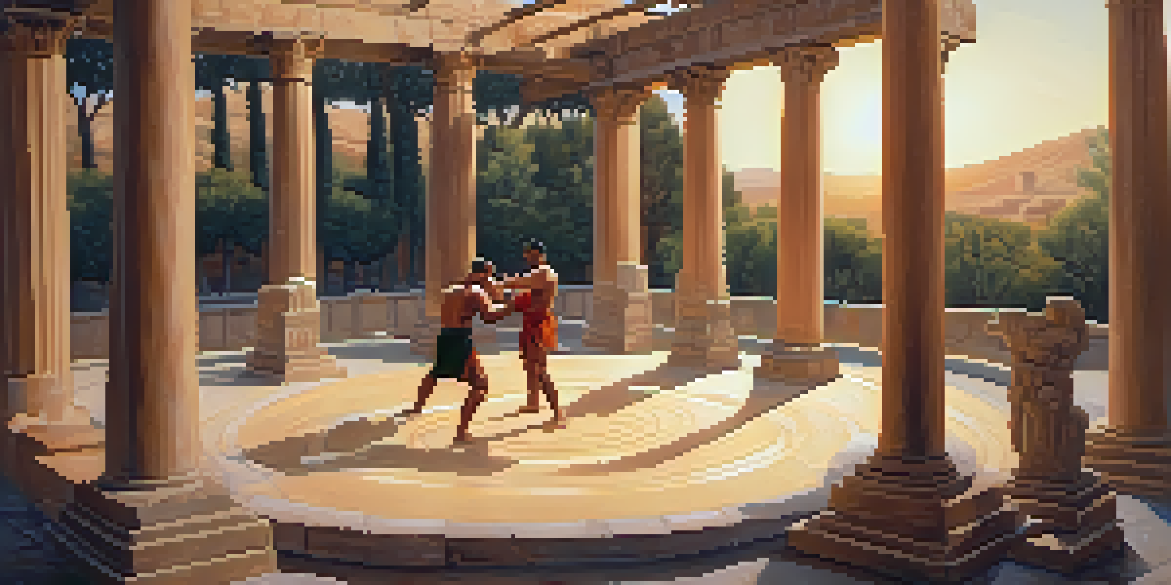 A training ground in ancient Greece with athletes practicing pankration, surrounded by stone columns and olive trees.