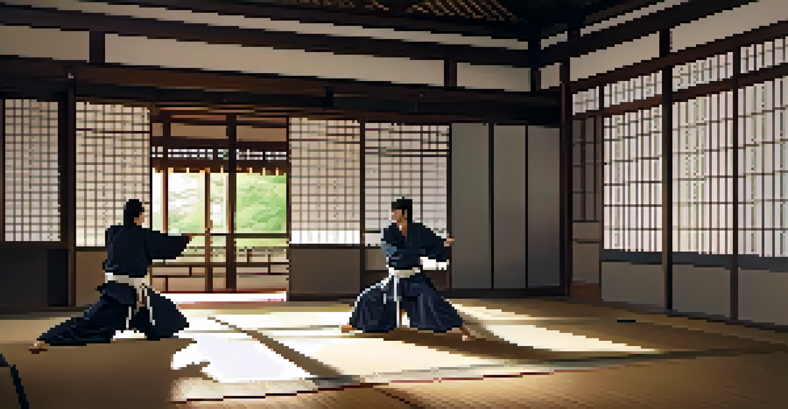 A group of samurai practicing jujutsu techniques in a traditional dojo with wooden floors and paper sliding doors.