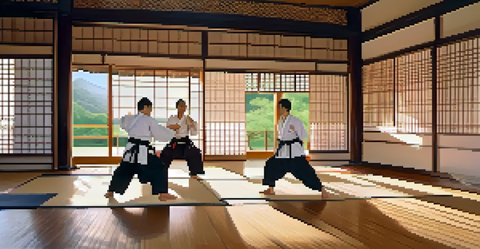 A peaceful martial arts dojo with diverse practitioners practicing together, illuminated by soft morning light.