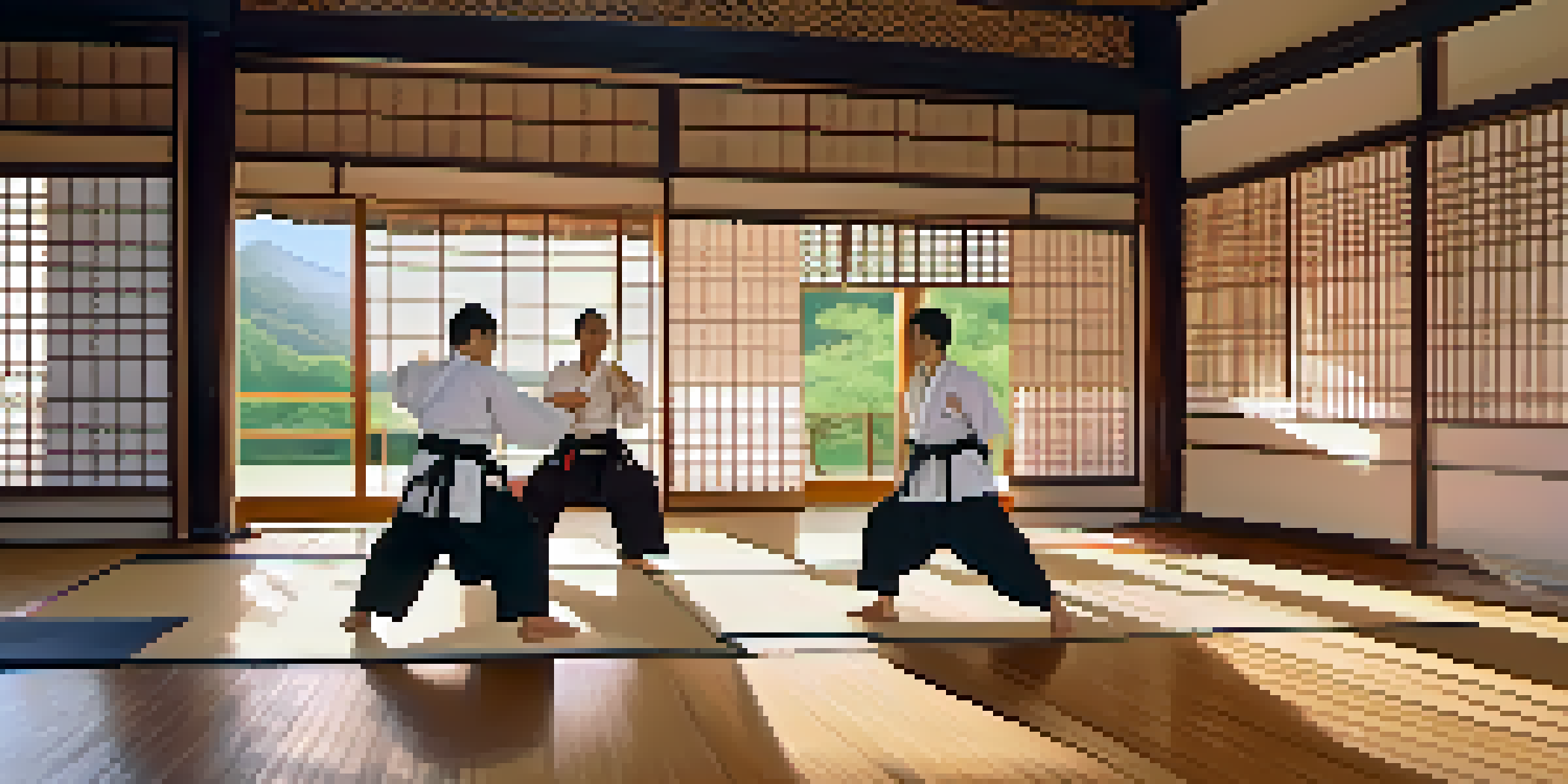 A peaceful martial arts dojo with diverse practitioners practicing together, illuminated by soft morning light.