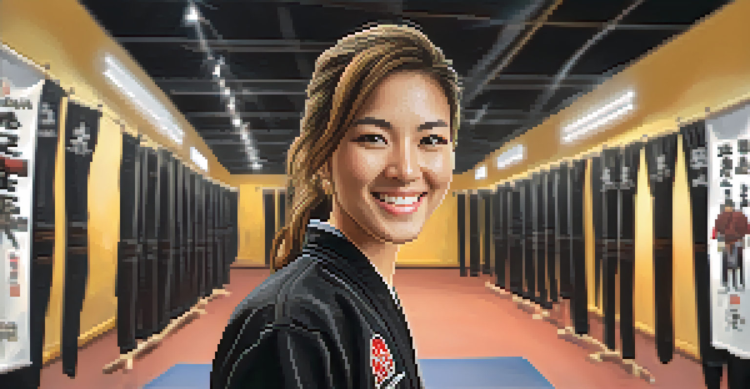 Portrait of a female martial arts coach in a training facility, smiling confidently.