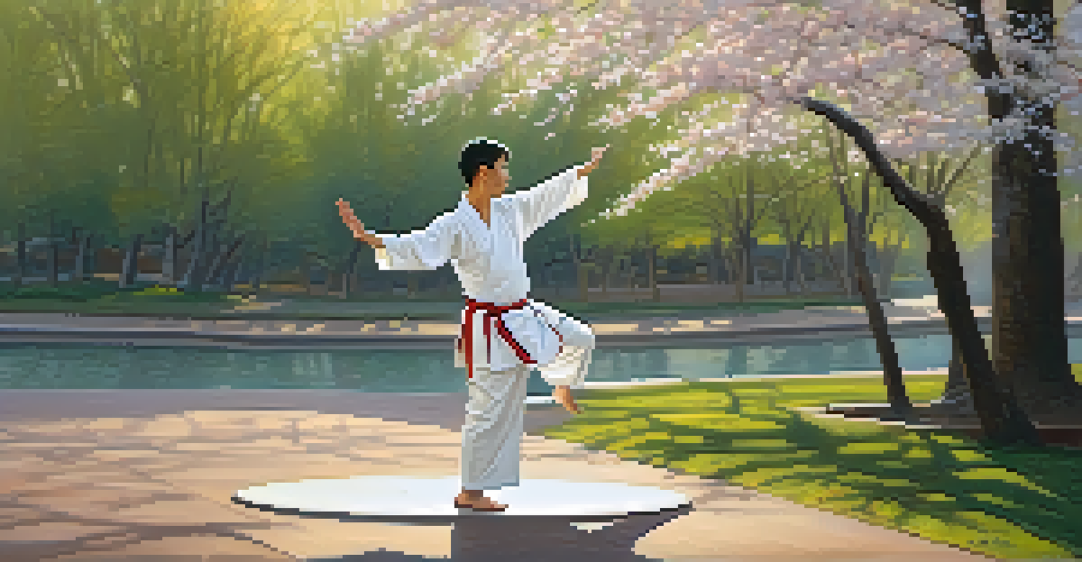 A martial artist practicing Tai Chi in a peaceful park during sunrise with cherry blossom trees.