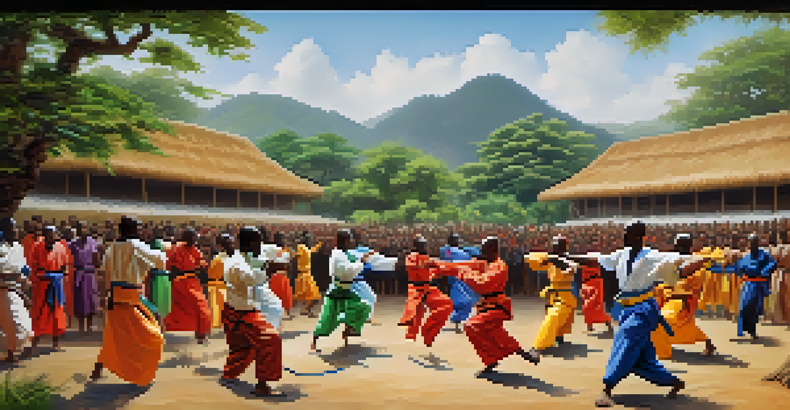 Practitioners of African martial arts engaged in a synchronized training session outdoors, surrounded by greenery and community members.