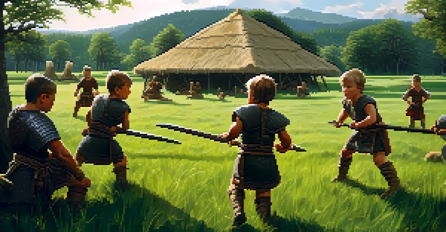 Young Viking boys training with wooden swords, guided by an experienced warrior in a sunny meadow.