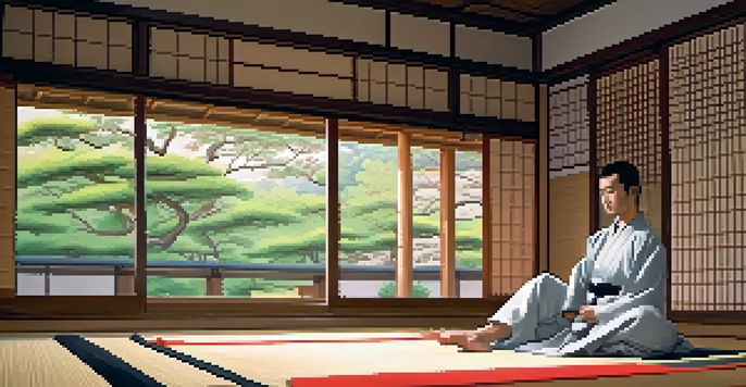 A martial artist performing a kata in a serene dojo with soft sunlight filtering through shoji screens.