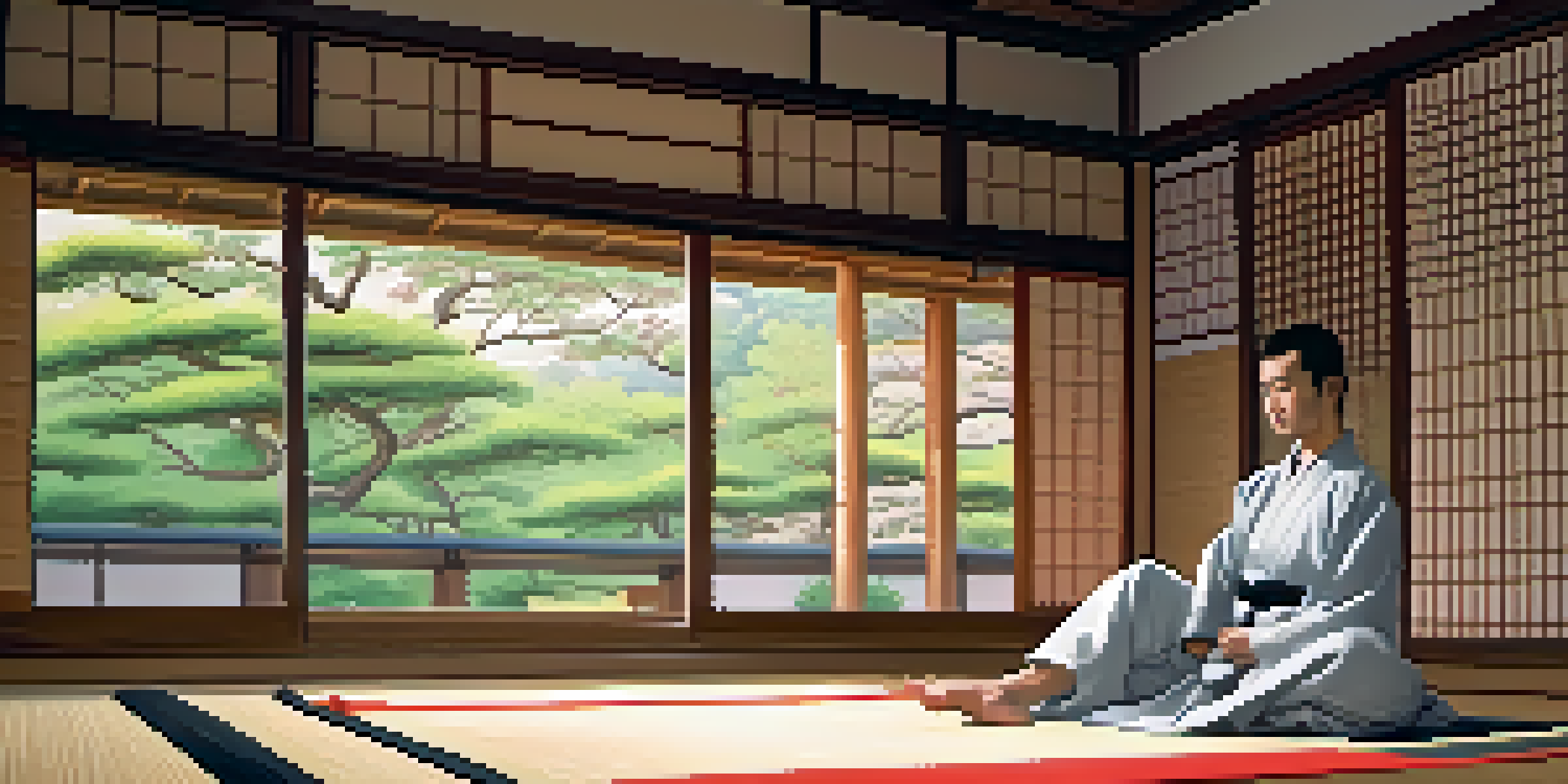 A martial artist performing a kata in a serene dojo with soft sunlight filtering through shoji screens.