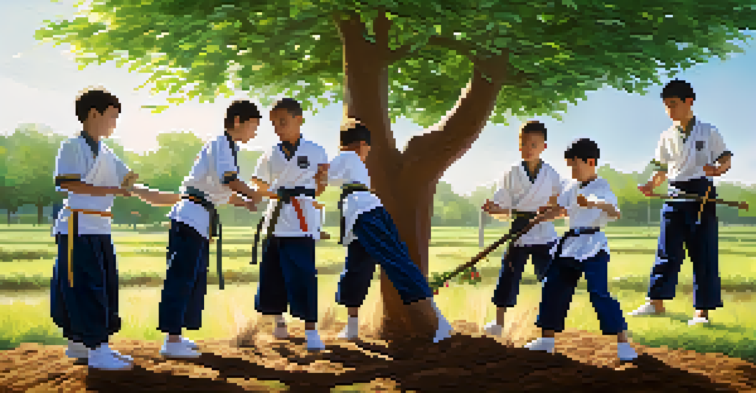 Young martial artists in uniforms planting trees in a park, surrounded by greenery and bright sunlight.
