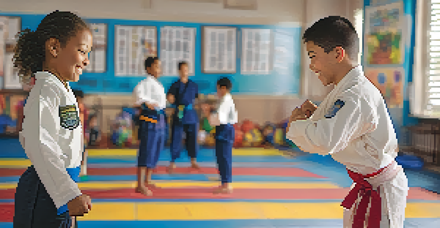 A police officer and a young participant smiling while practicing martial arts in a gym, surrounded by mats and motivational posters.