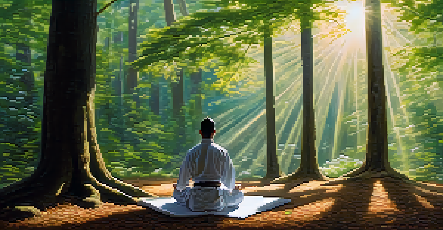 A martial artist meditating in a forest clearing, surrounded by tall trees and sunlight filtering through the leaves.