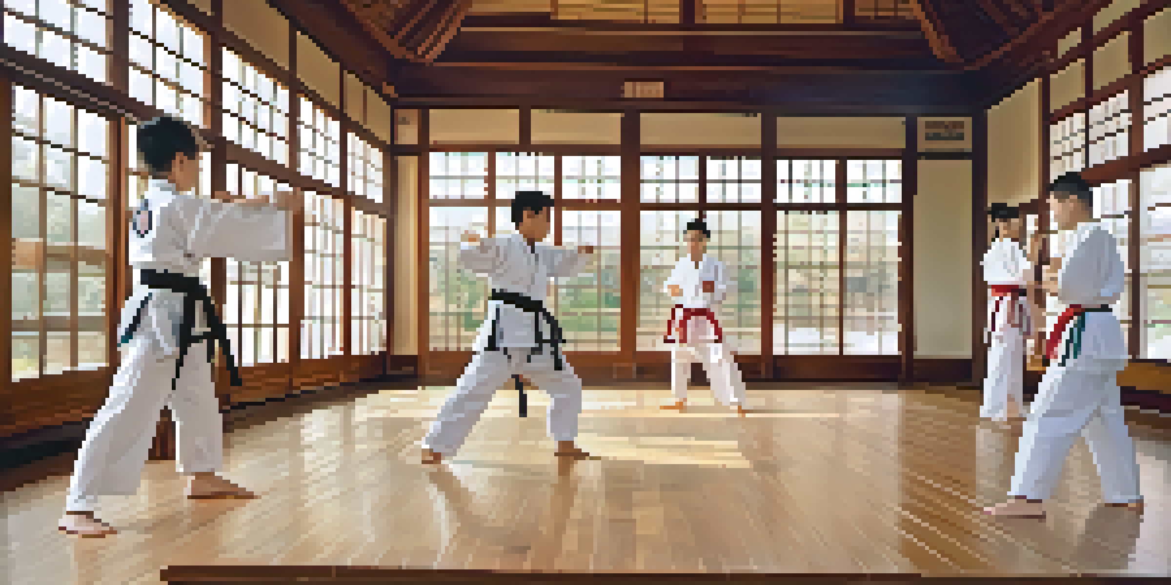 A peaceful martial arts dojo where young students in traditional uniforms practice karate, illuminated by gentle sunlight coming through large windows.