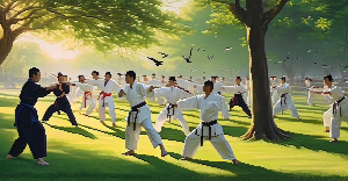 A group of diverse martial artists training outdoors in a green park during sunset, showcasing various martial arts moves.