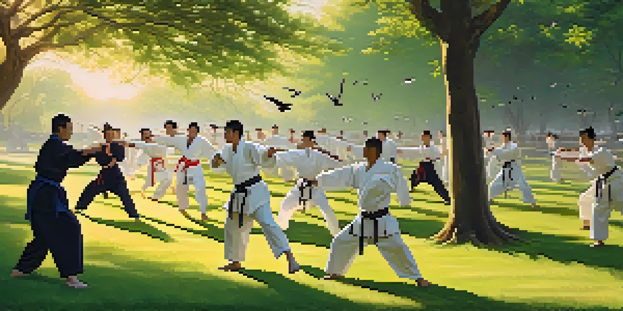 A group of diverse martial artists training outdoors in a green park during sunset, showcasing various martial arts moves.