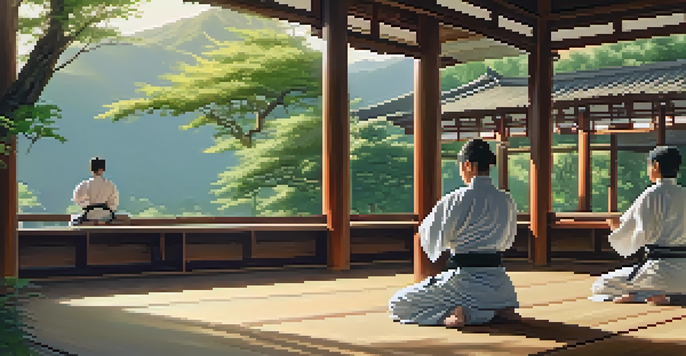 Outdoor martial arts retreat with participants practicing techniques in a serene environment surrounded by nature.