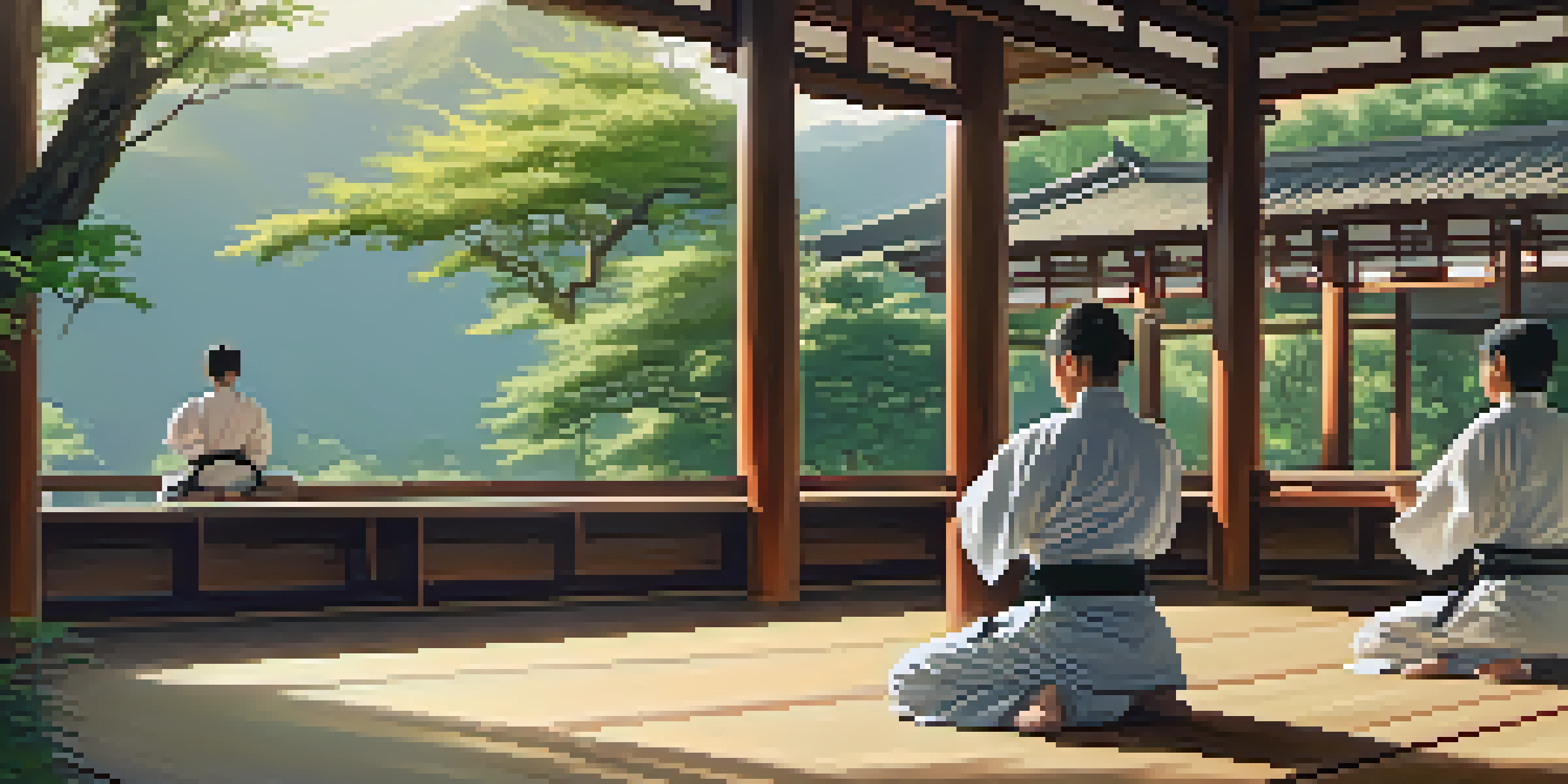 Outdoor martial arts retreat with participants practicing techniques in a serene environment surrounded by nature.