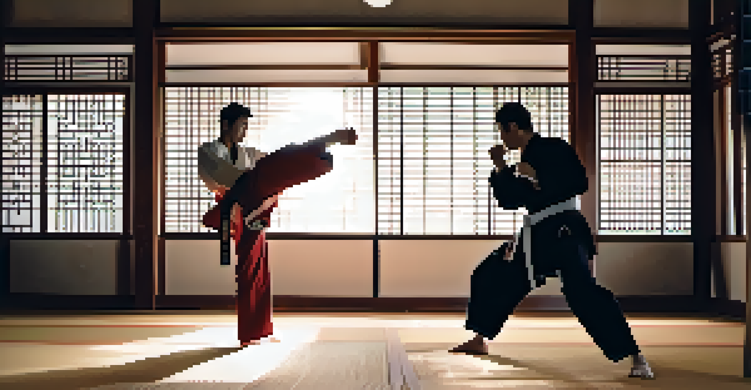 A martial artist performing a high kick in a traditional dojo, showcasing concentration and precision.