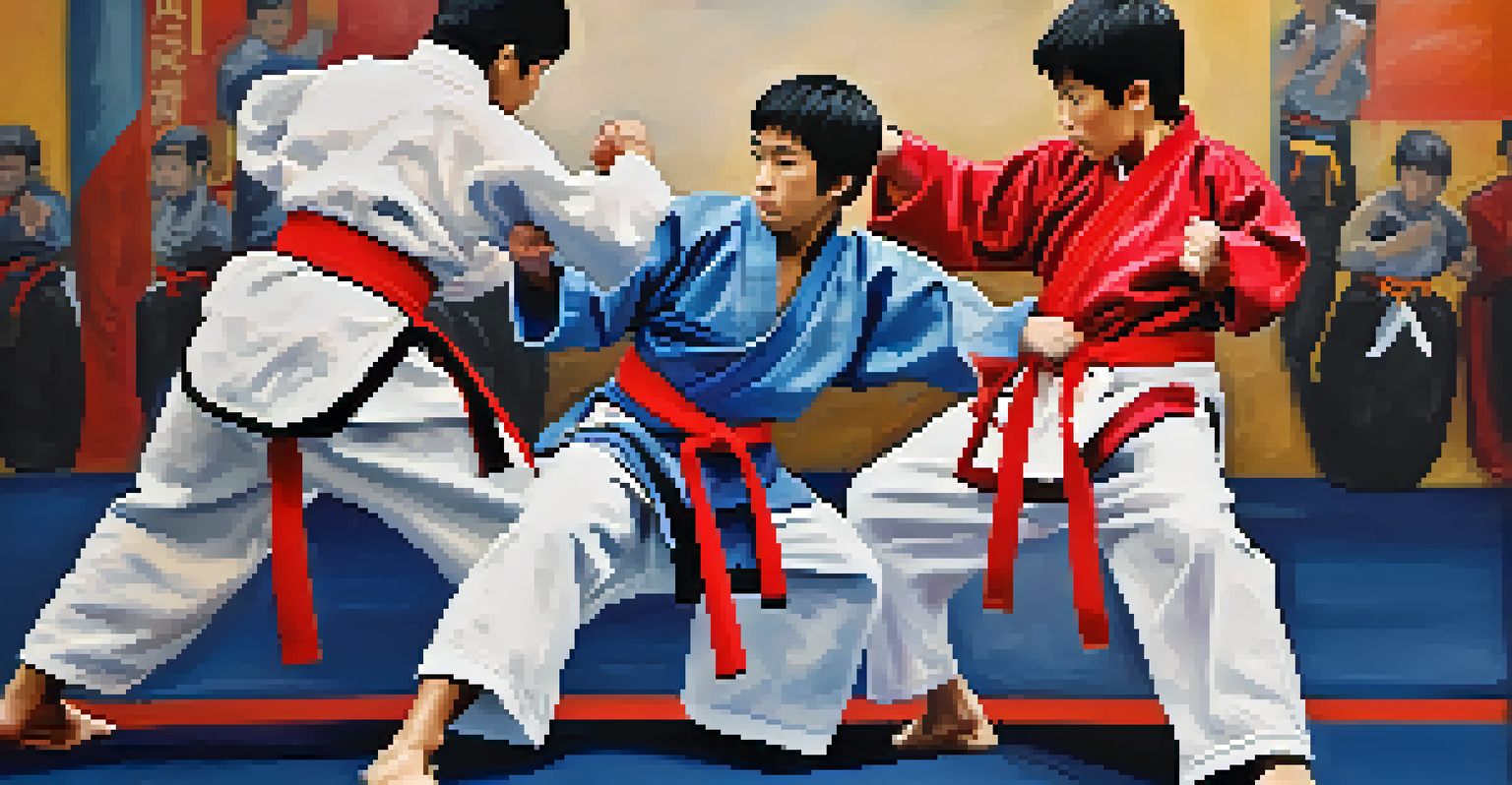 Two martial arts students sparring with intense expressions on a colorful training mat.