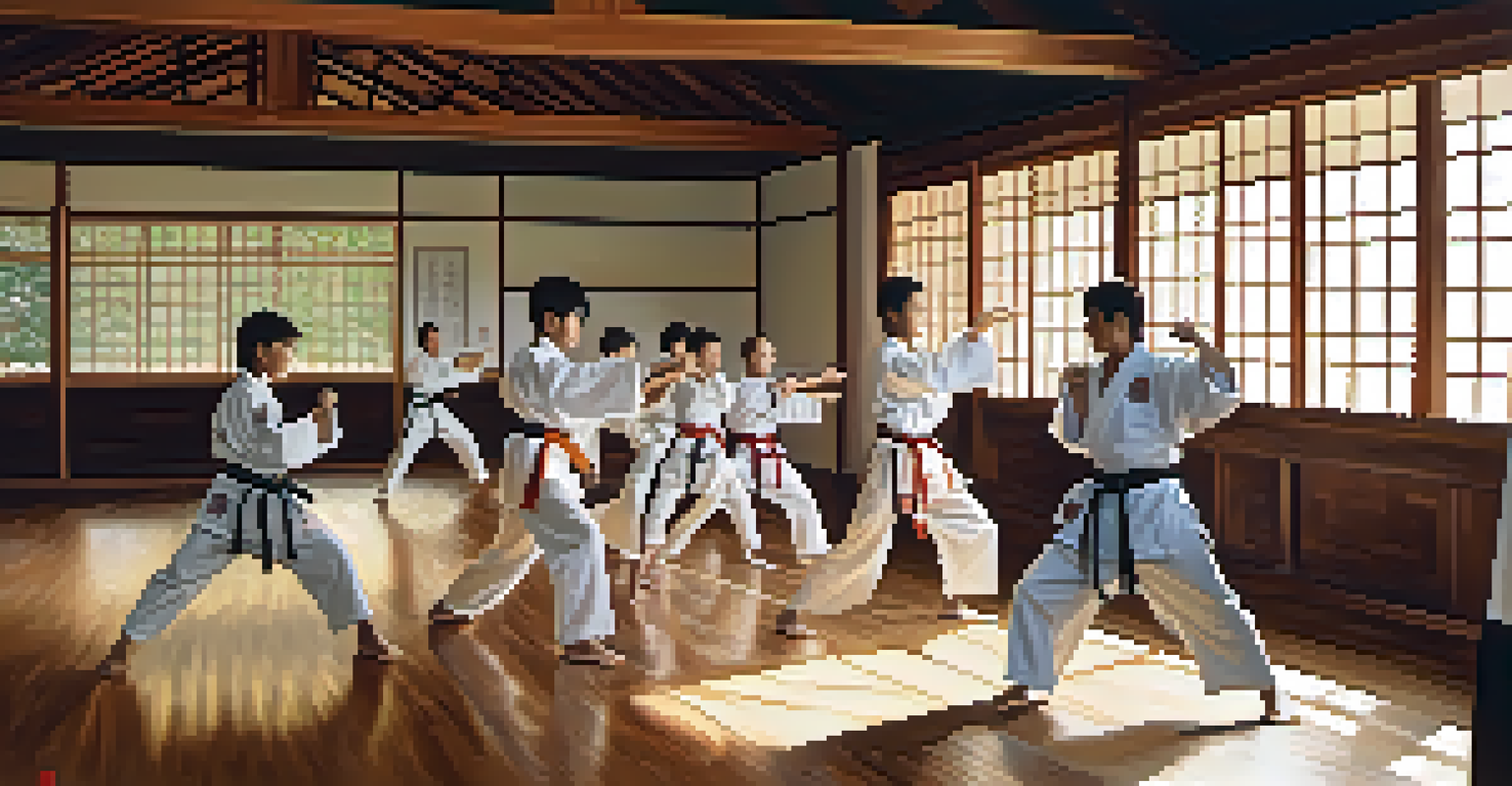 Students practicing striking techniques in a bright dojo, with a sensei guiding them.