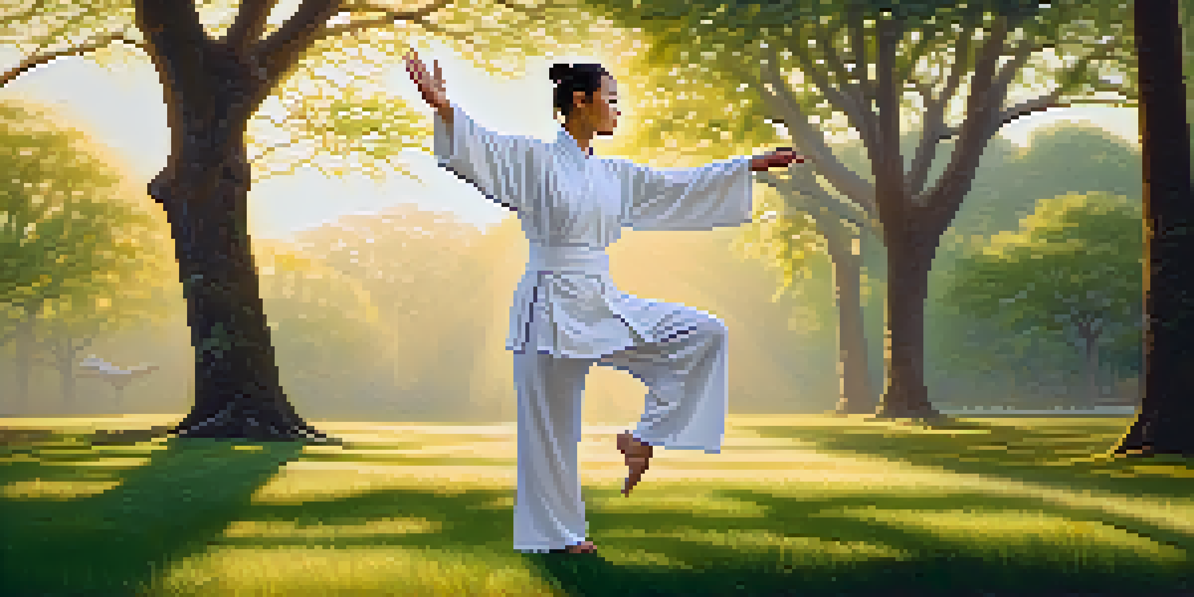 A Tai Chi practitioner in a white uniform practicing in a peaceful park during sunrise, surrounded by green trees and soft golden light.