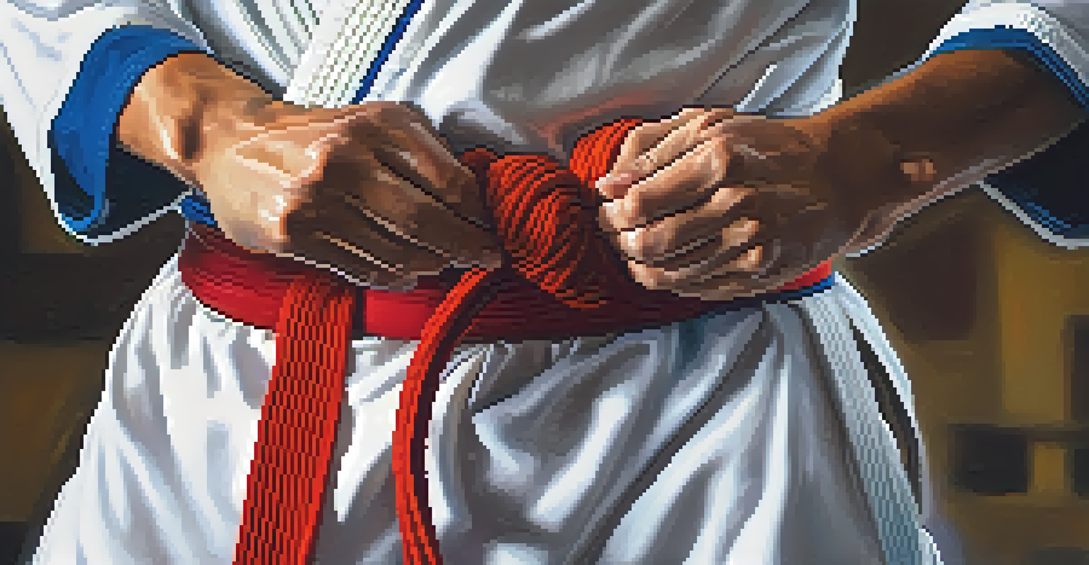 A close-up of hands tying a colorful martial arts belt, with a blurred background emphasizing the traditional white gi.