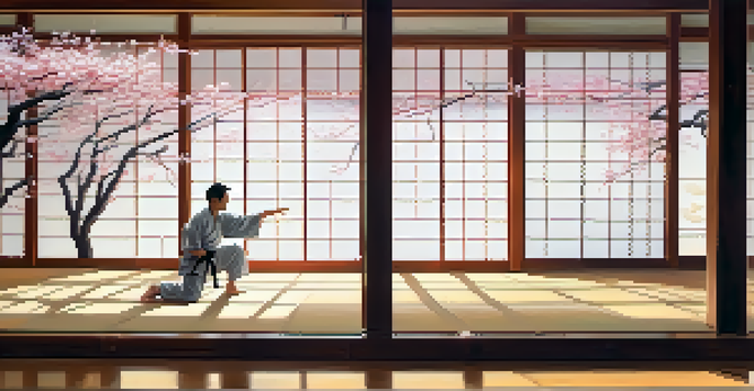 A martial artist practicing Tai Chi in a traditional dojo with sunlight filtering through shoji screens and cherry blossom trees outside.