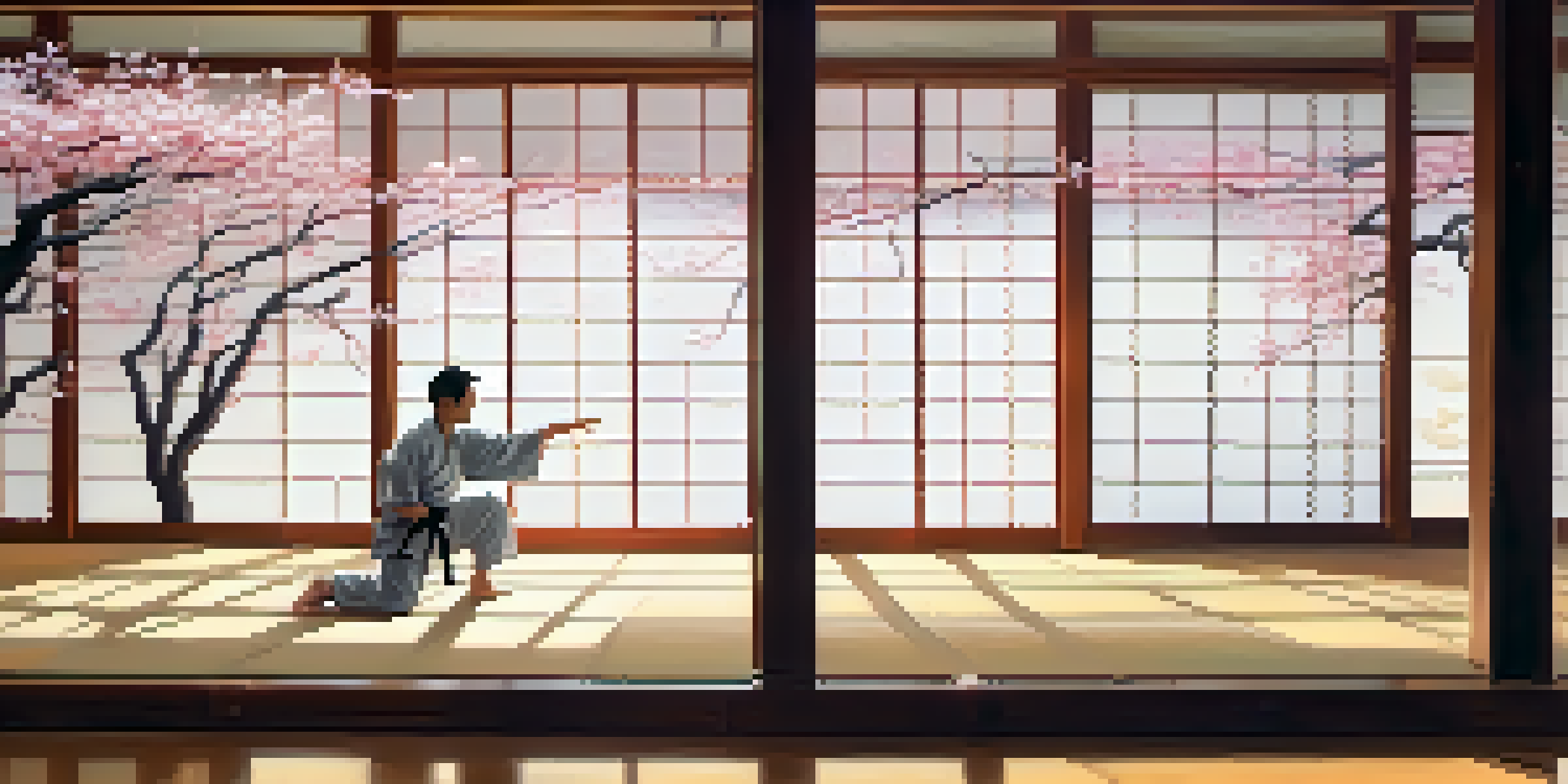 A martial artist practicing Tai Chi in a traditional dojo with sunlight filtering through shoji screens and cherry blossom trees outside.