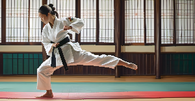 A visually impaired female karateka practicing in a dojo, showcasing her skills with determination and strength.