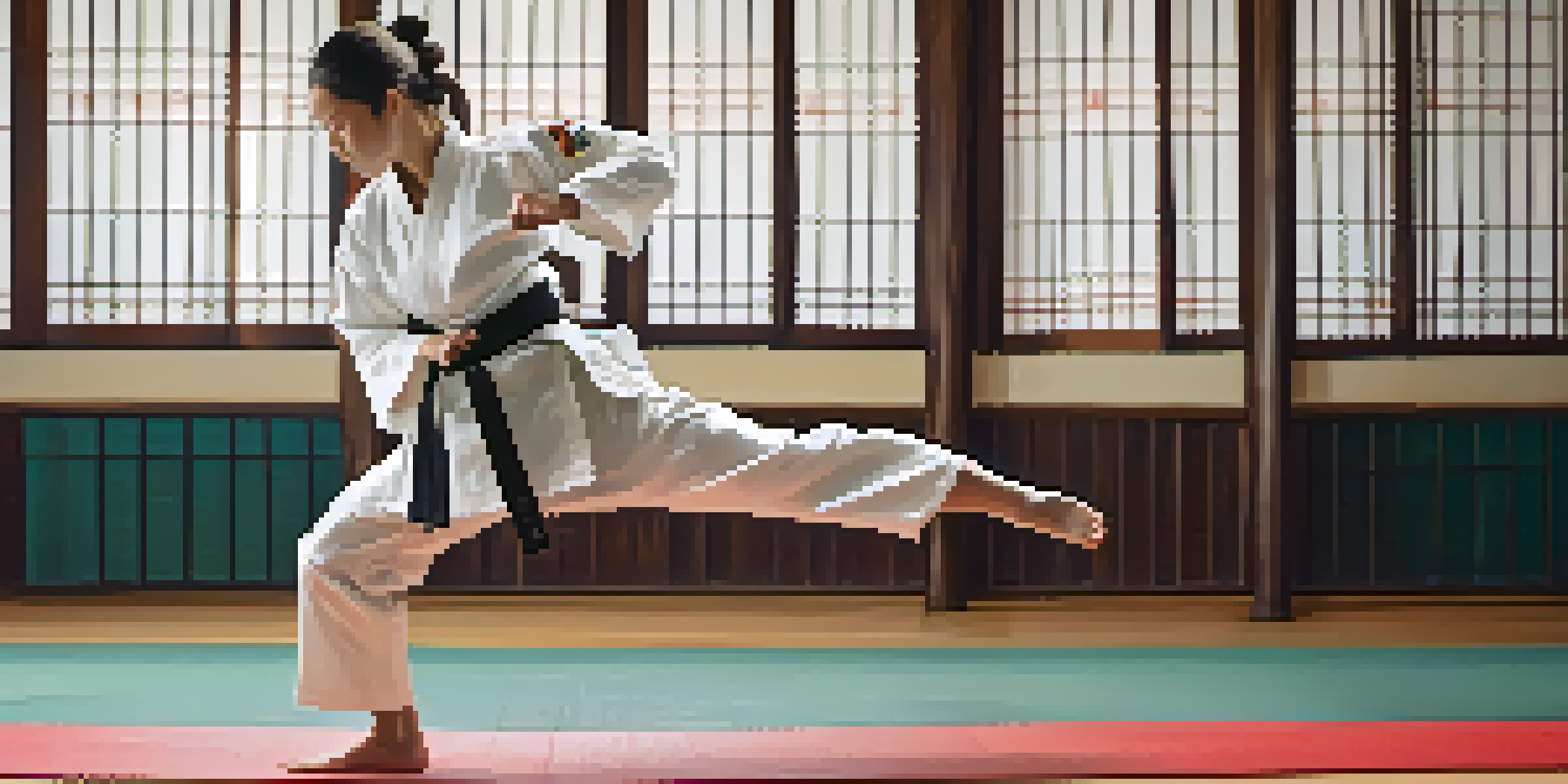 A visually impaired female karateka practicing in a dojo, showcasing her skills with determination and strength.