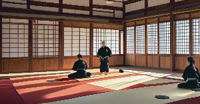 A martial arts instructor kneeling beside a beginner in a peaceful dojo, with soft light and traditional decorations.