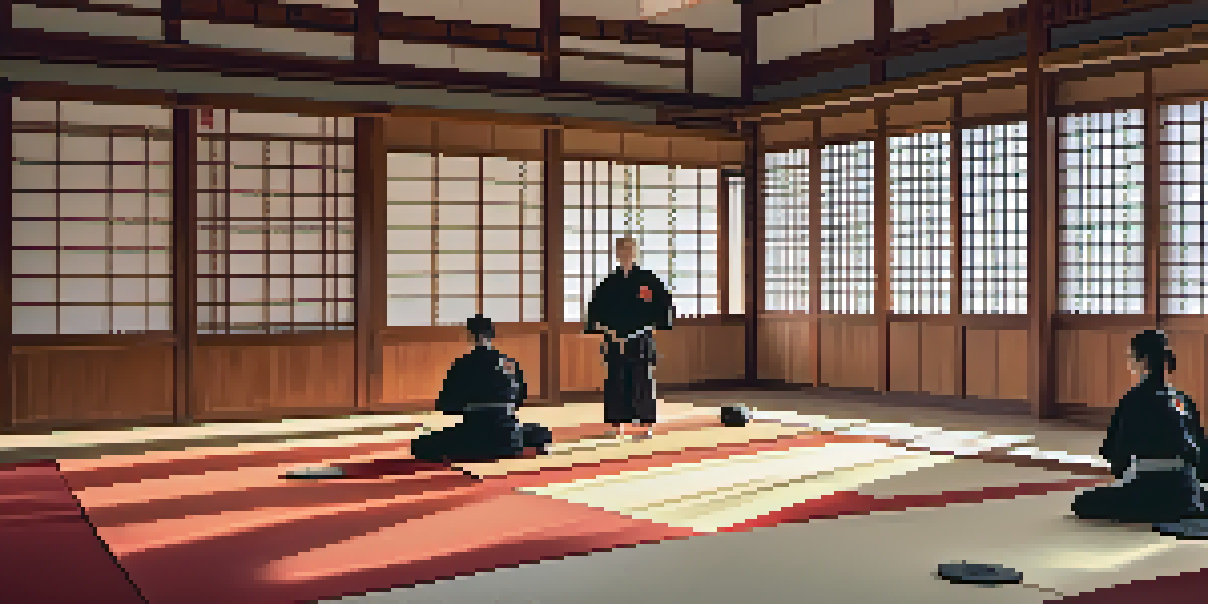 A martial arts instructor kneeling beside a beginner in a peaceful dojo, with soft light and traditional decorations.