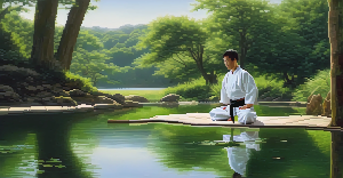 A martial artist performing a kata in a peaceful outdoor environment surrounded by nature.
