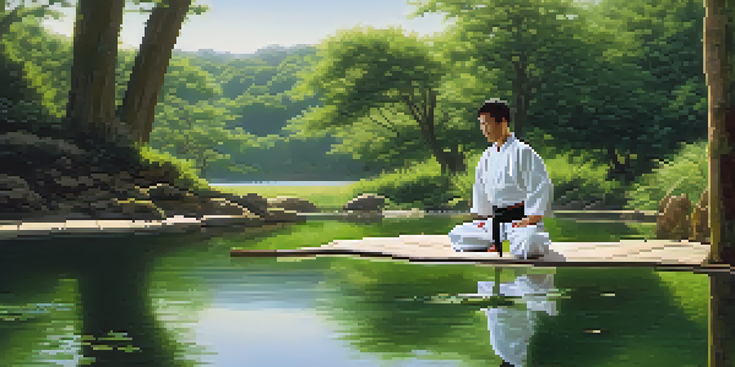 A martial artist performing a kata in a peaceful outdoor environment surrounded by nature.