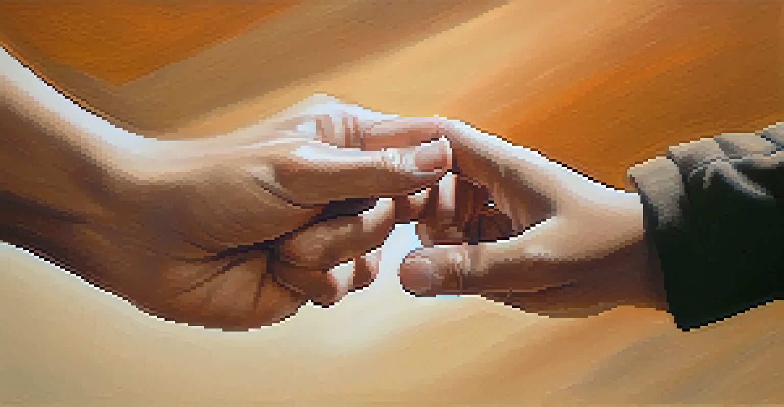A close-up of two hands reaching towards each other, set against a softly blurred background in warm, earthy tones, symbolizing empathy and connection.