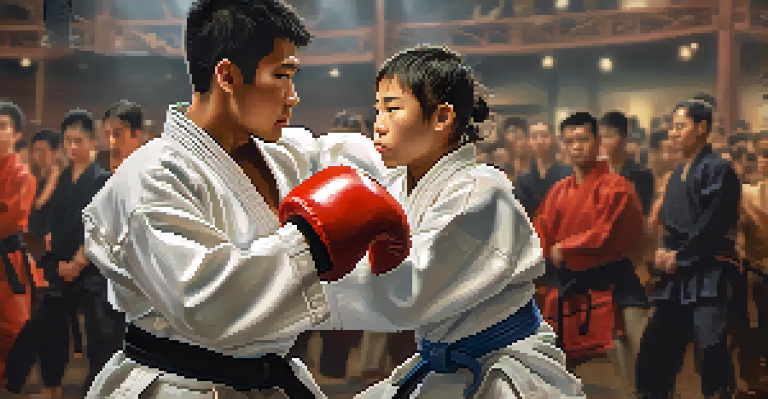 A martial arts sparring session with two focused students in protective gear, showcasing their concentration and determination.