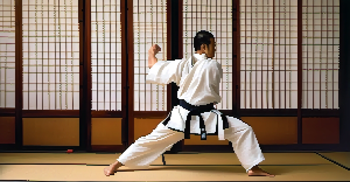 A martial arts practitioner executing a kick in a traditional dojo with wooden decor and soft natural light.
