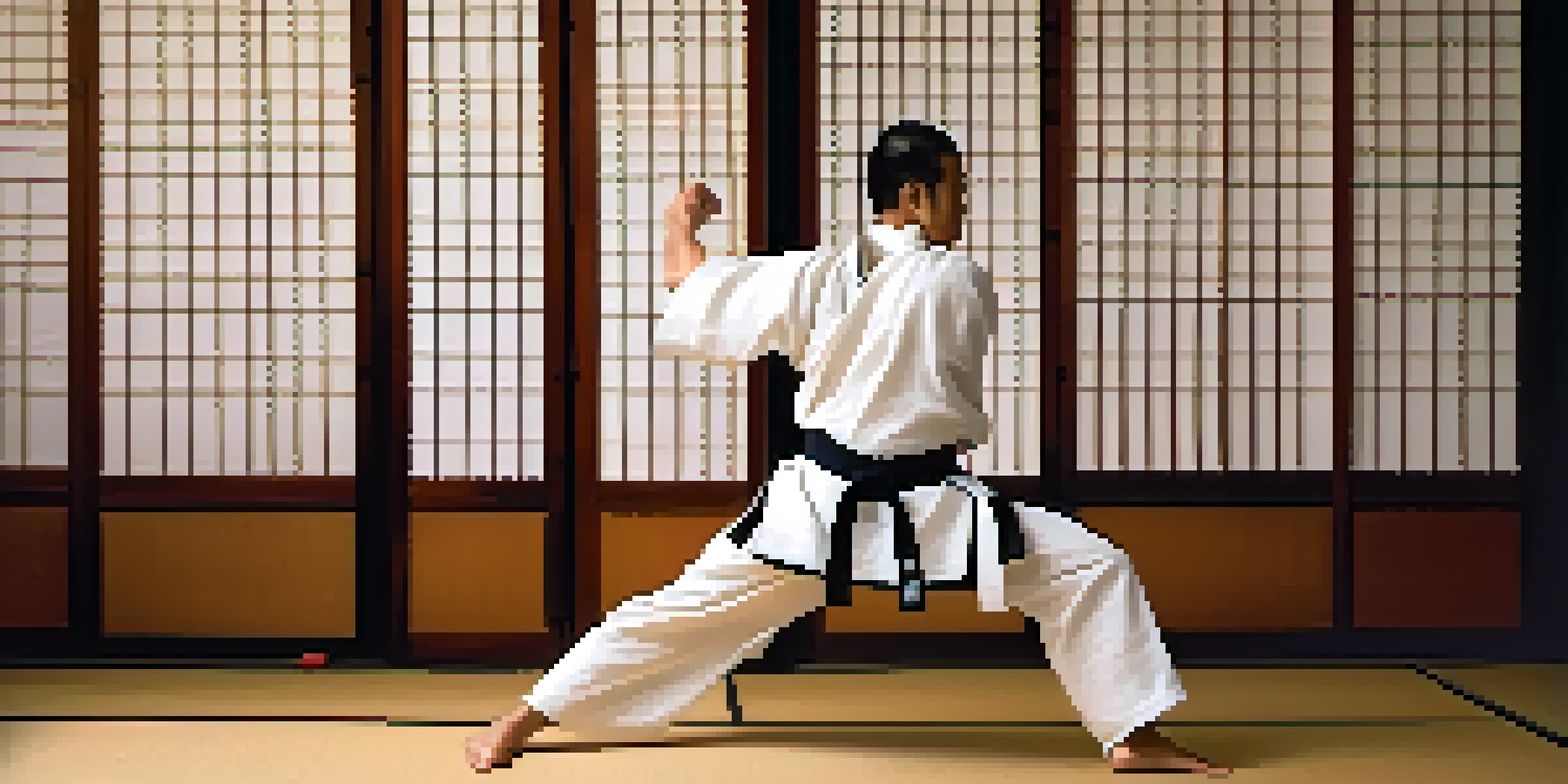 A martial arts practitioner executing a kick in a traditional dojo with wooden decor and soft natural light.