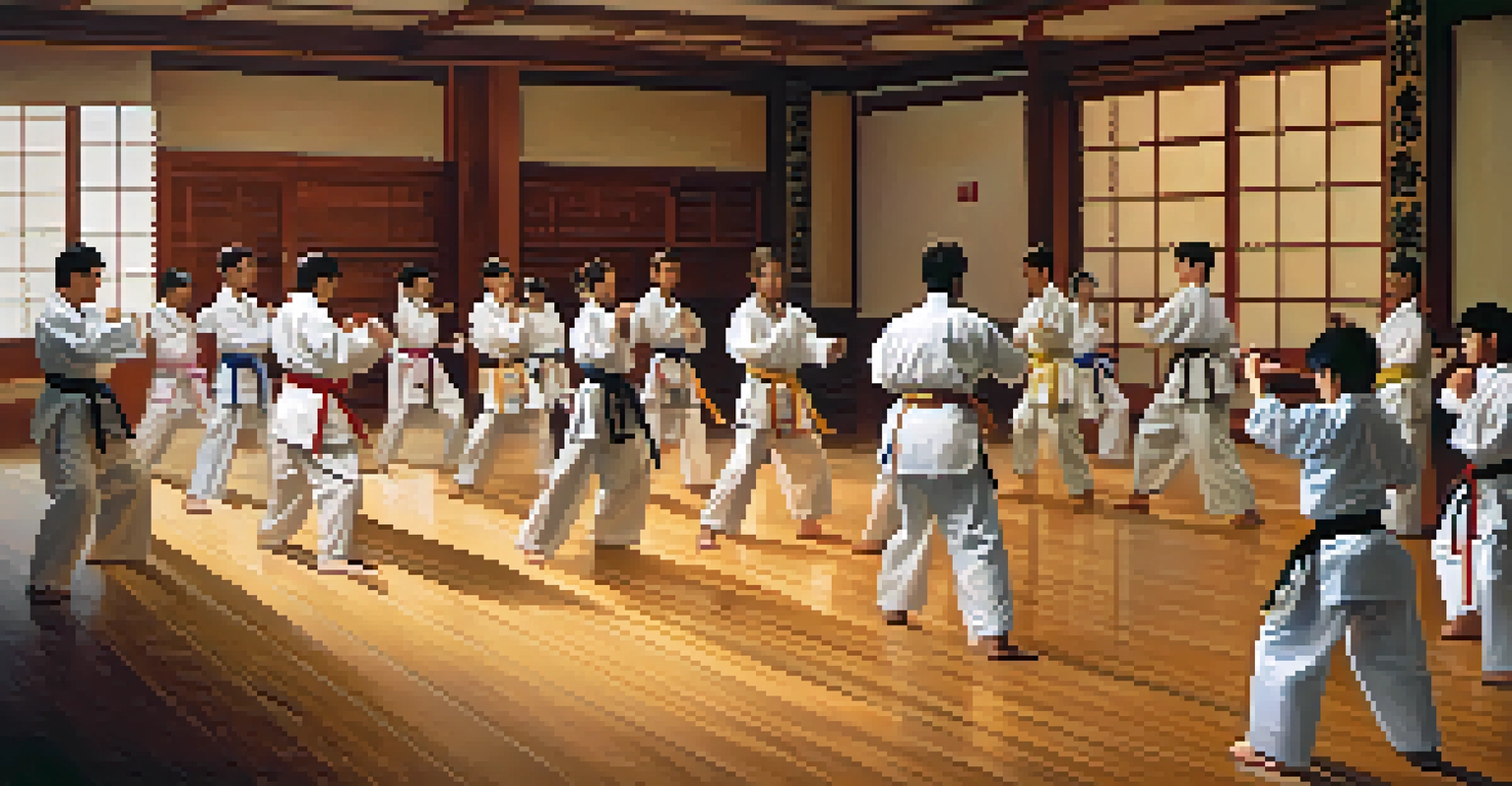 A diverse group of students training in karate in a modern dojo, demonstrating various techniques.