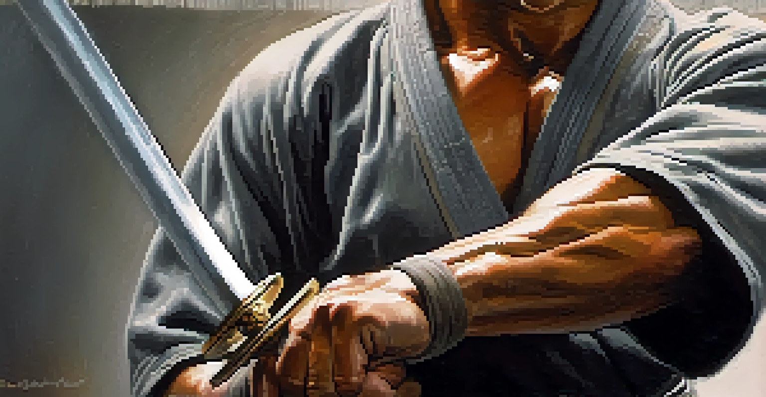 A close-up of a martial artist gripping a wooden sword, with sweat on their forearms and a determined expression.