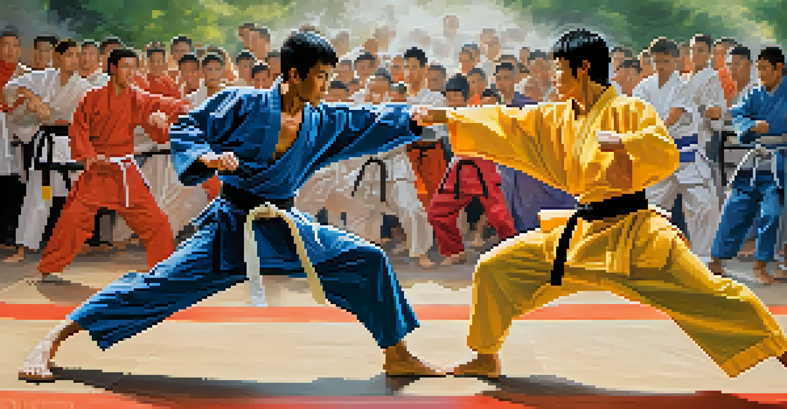 Martial artists engaged in a sparring match during a camp competition, with spectators cheering in the background.