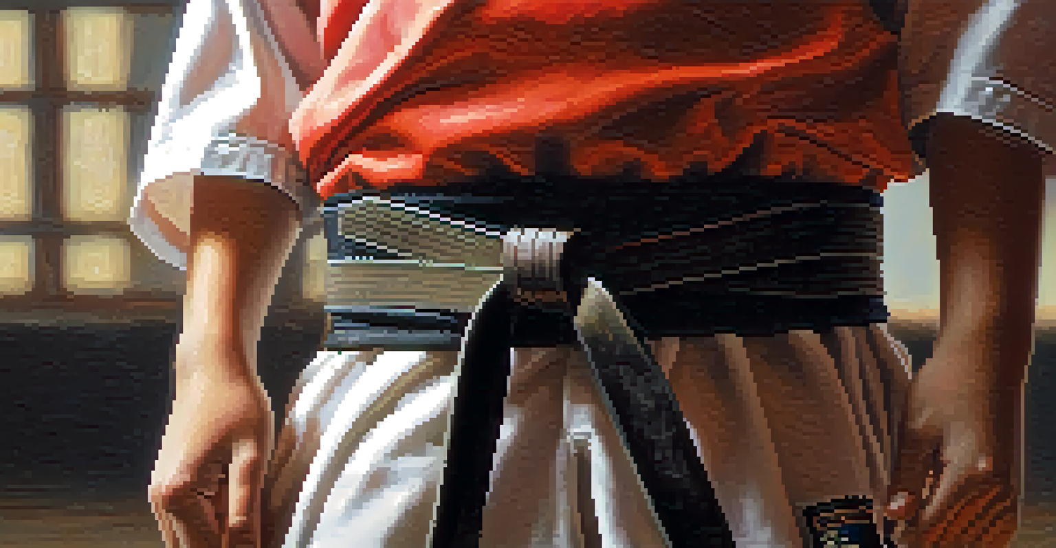 A close-up of a young martial artist tying their belt, with focused determination in their eyes.