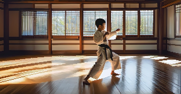 A young martial artist practicing a high front kick in a traditional dojo with wooden floors and paper lanterns, illuminated by sunlight.