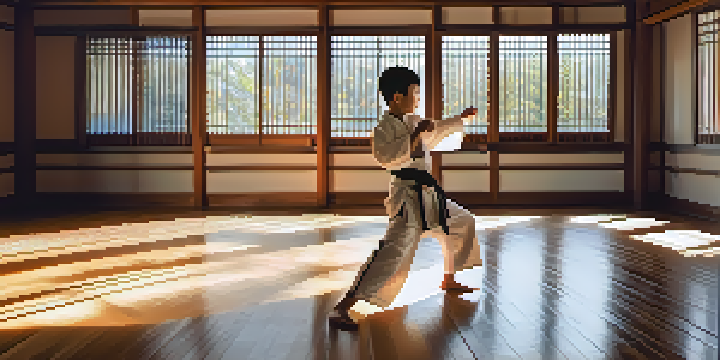 A young martial artist practicing a high front kick in a traditional dojo with wooden floors and paper lanterns, illuminated by sunlight.
