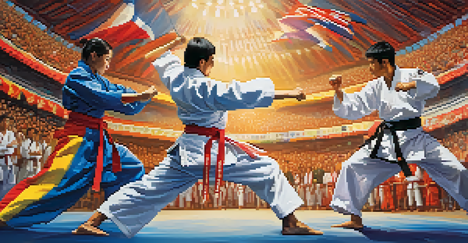 An exciting martial arts competition with athletes in traditional uniforms. A Taekwondo practitioner is seen kicking while a Kung Fu expert is in motion, with flags and a cheering crowd in the background.
