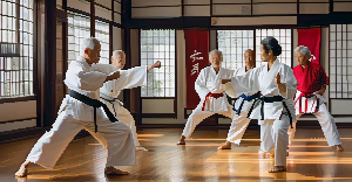 A group of older adults practicing martial arts in a well-lit dojo, displaying teamwork and focus.