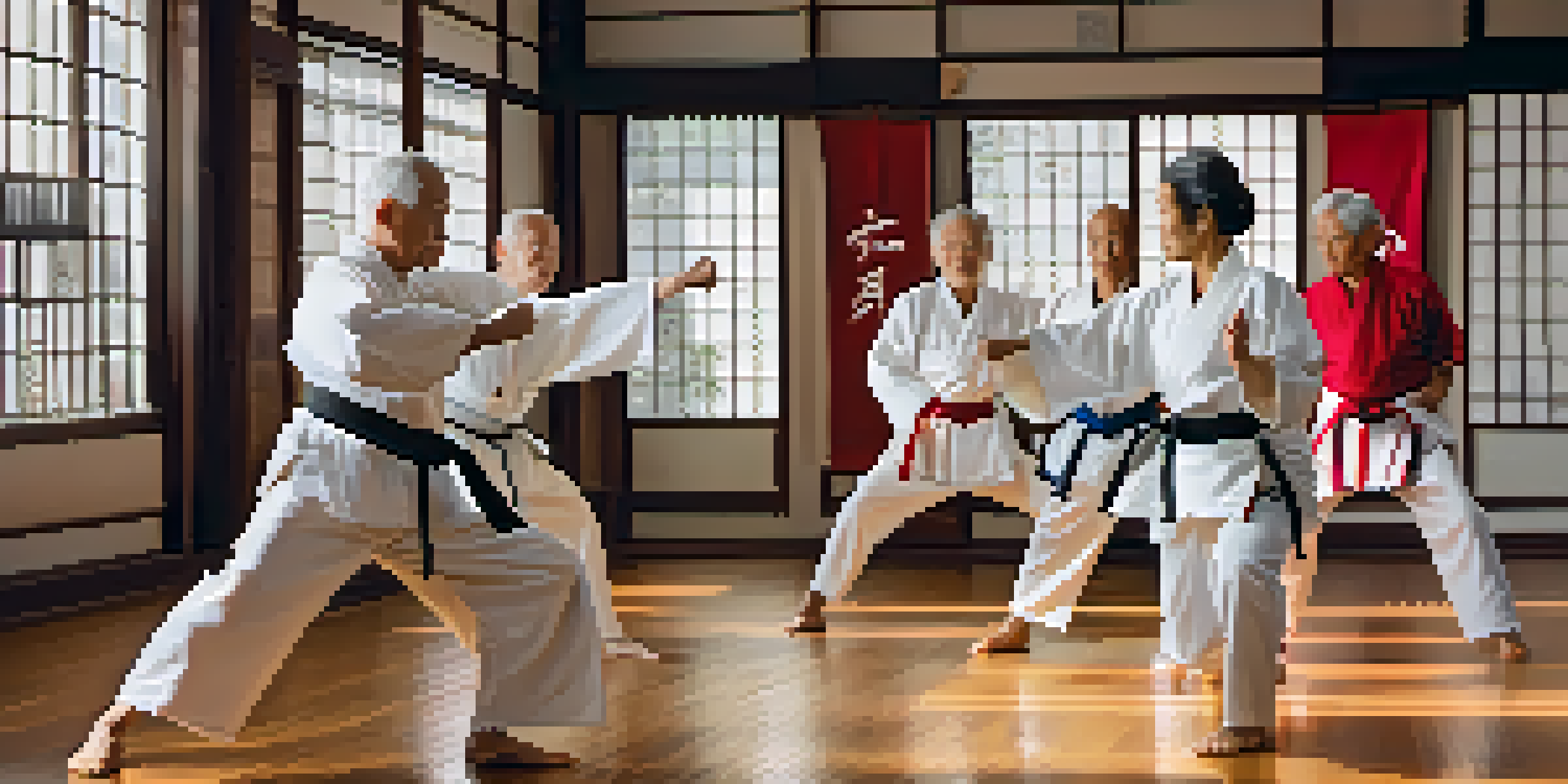A group of older adults practicing martial arts in a well-lit dojo, displaying teamwork and focus.