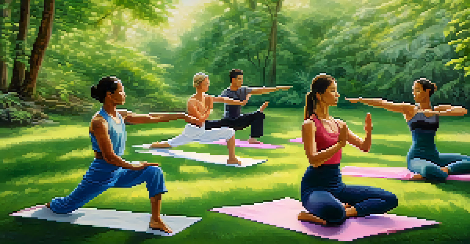 Individuals practicing yoga and martial arts together in a peaceful outdoor setting with greenery.