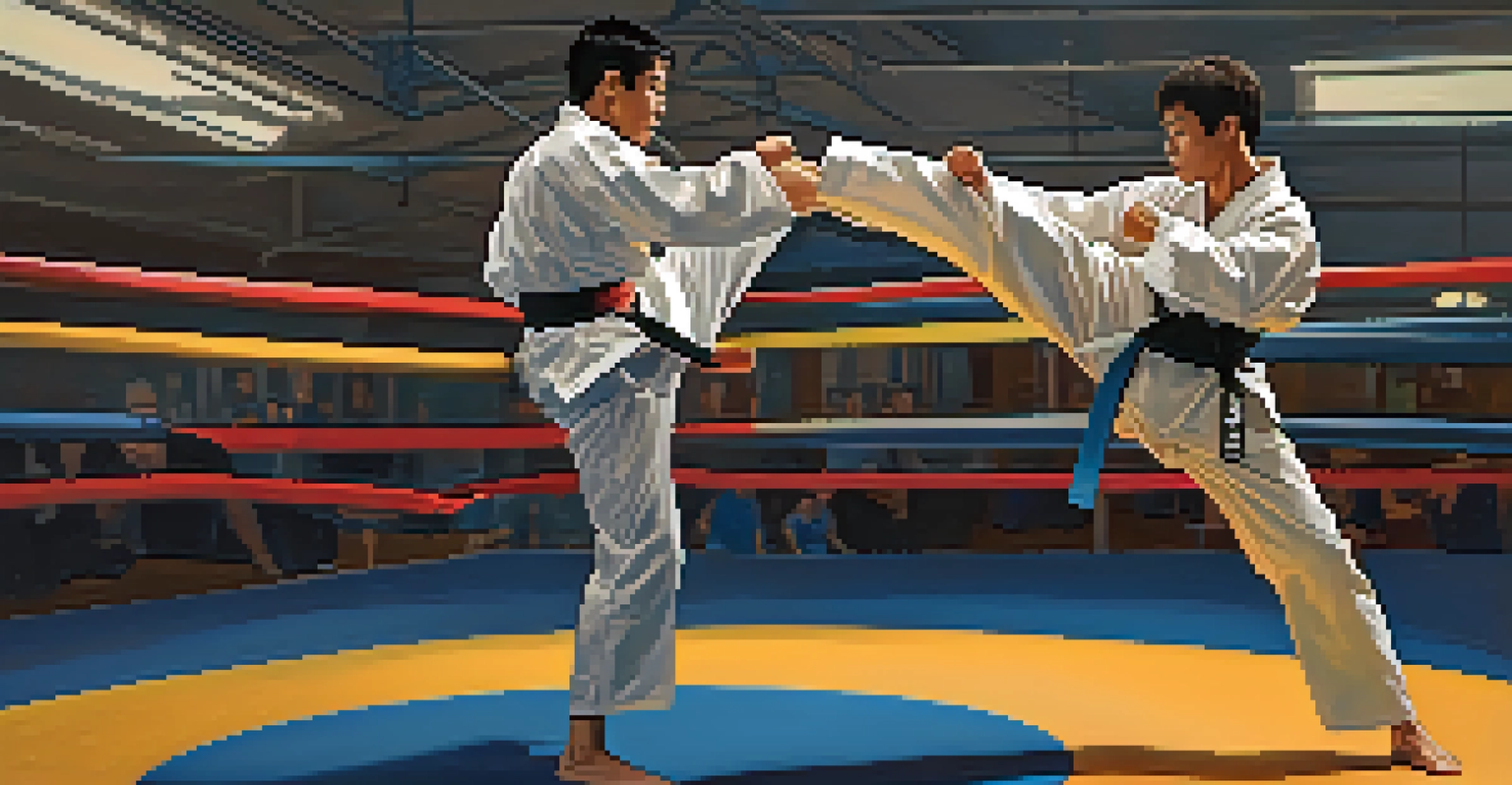 Two martial artists sparring in a gym, one delivering a kick while the other defends.