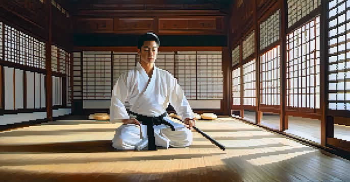 A martial artist meditating in a traditional dojo with wooden floors and natural light, surrounded by calligraphy and memorabilia.