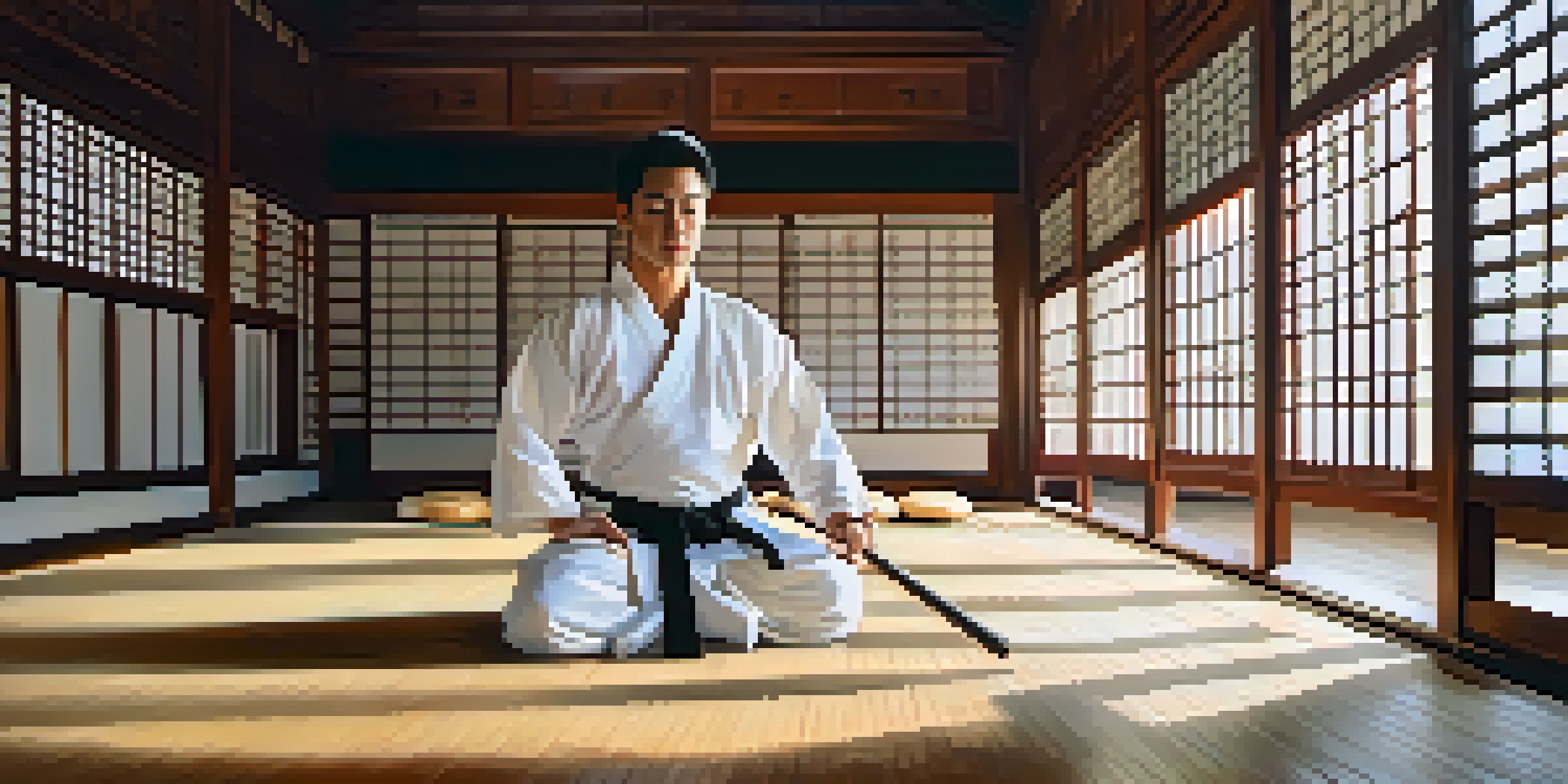 A martial artist meditating in a traditional dojo with wooden floors and natural light, surrounded by calligraphy and memorabilia.