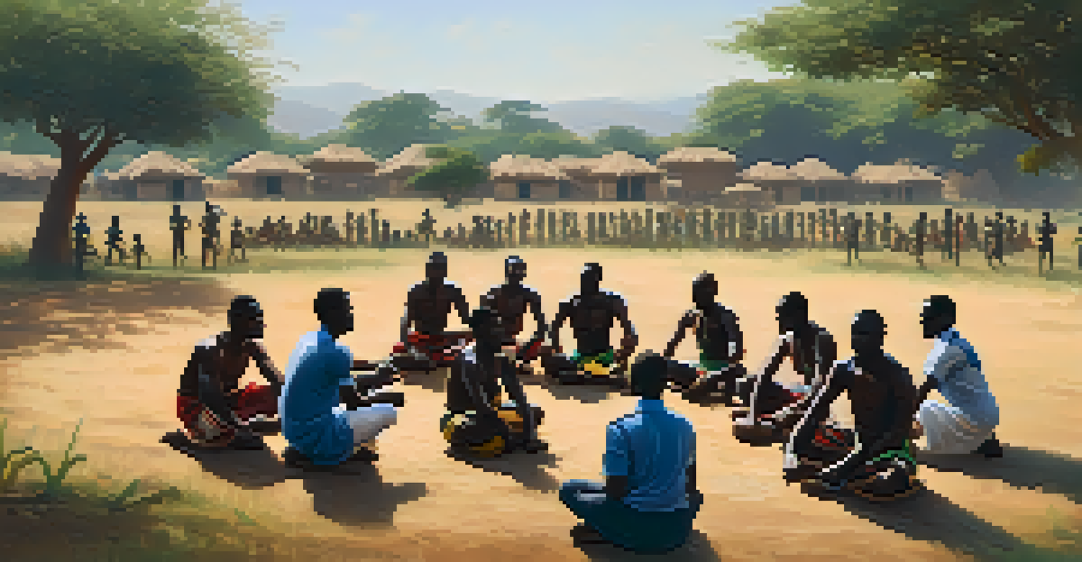 A trainer demonstrating Dambe wrestling techniques to students in a grassy field, with traditional instruments in the background and warm afternoon light.