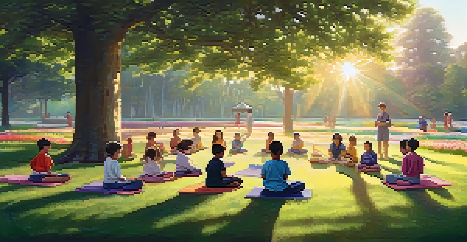 Children practicing mindfulness and meditation outdoors in a serene park setting.